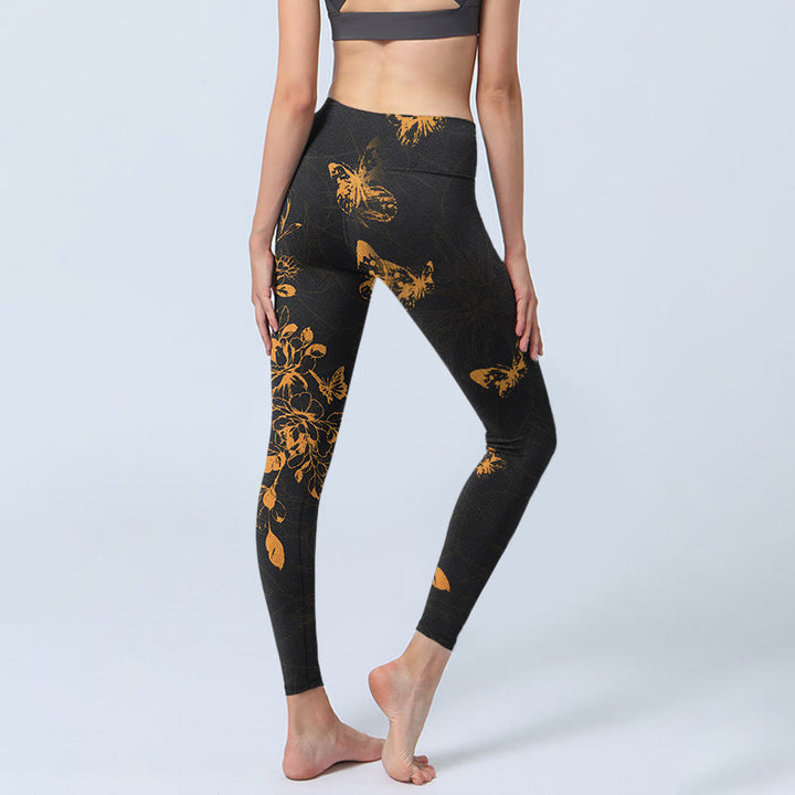 Buddha Stones Dark Grey Butterflies Peony Flowers Print Gym Leggings Women's Yoga Pants