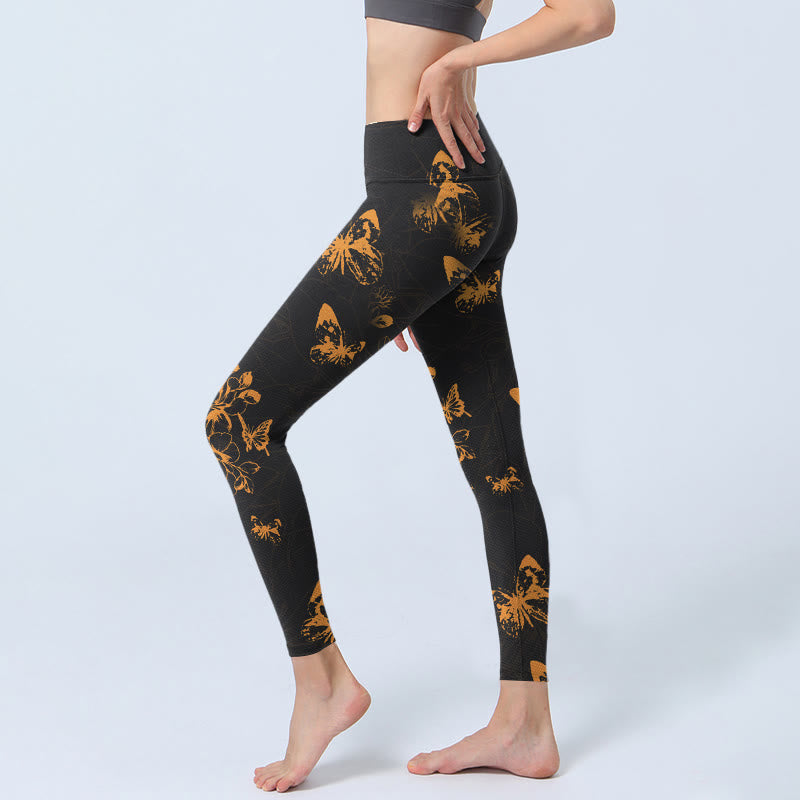 Buddha Stones Dark Grey Butterflies Peony Flowers Print Gym Leggings Women's Yoga Pants