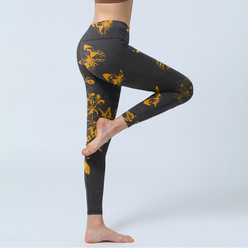 Buddha Stones Dark Grey Butterflies Peony Flowers Print Gym Leggings Women's Yoga Pants