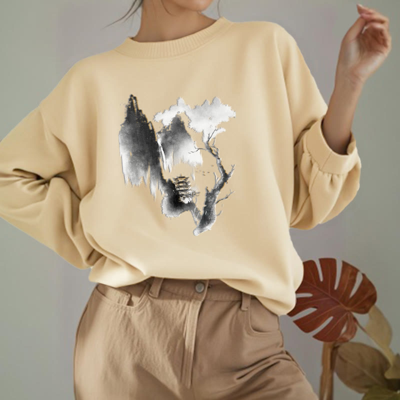 Buddha Stones Pavilion Tree Geese Around The Mountains Fleece Lined Polyester Sweatshirt