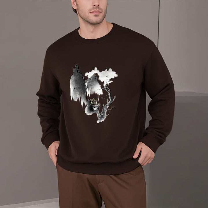 Buddha Stones Pavilion Tree Geese Around The Mountains Fleece Lined Polyester Sweatshirt