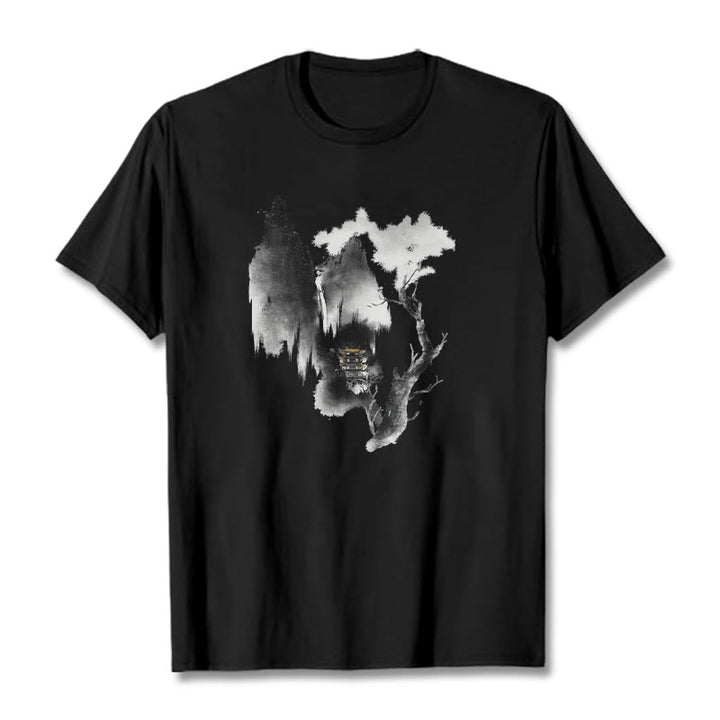 Buddha Stones Pavilion Tree Geese Around The Mountains Pattern Tee T-shirt - Black - 2XL - image 6