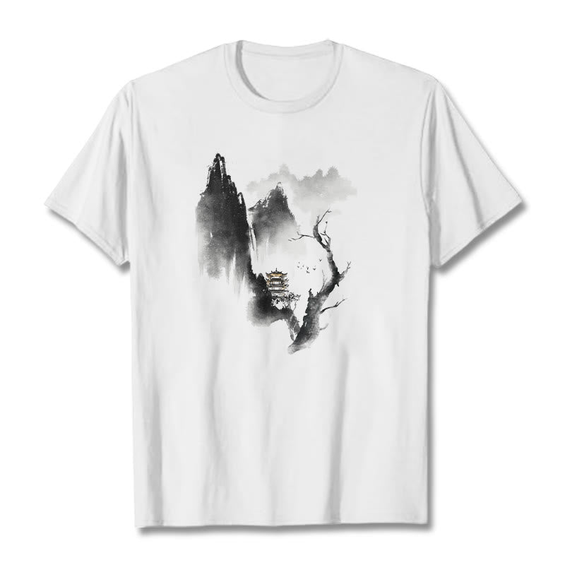 Buddha Stones Pavilion Tree Geese Around The Mountains Pattern Tee T-shirt - White - 2XL - image 3