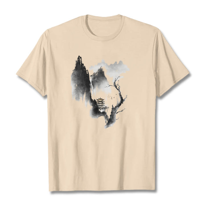 Buddha Stones Pavilion Tree Geese Around The Mountains Pattern Tee T-shirt - Bisque - 2XL - image 10