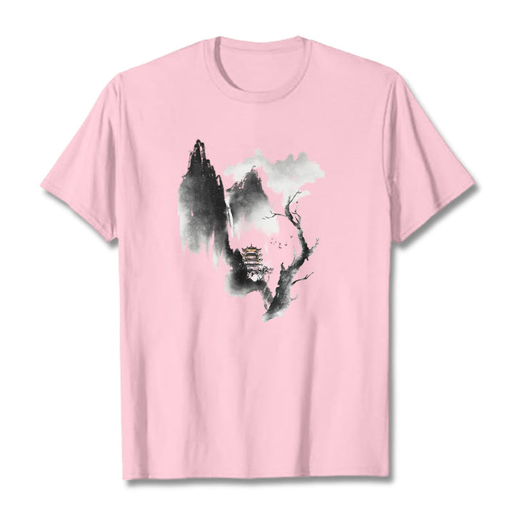 Buddha Stones Pavilion Tree Geese Around The Mountains Pattern Tee T-shirt - LightPink - 2XL - image 14