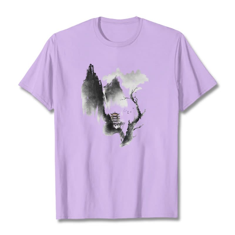 Buddha Stones Pavilion Tree Geese Around The Mountains Pattern Tee T-shirt - Plum - 2XL - image 18