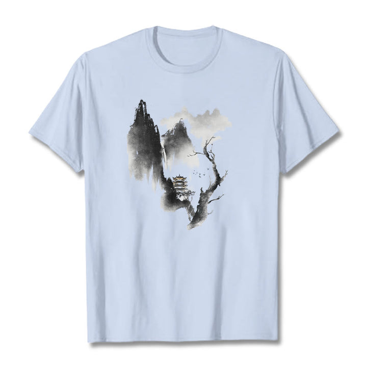 Buddha Stones Pavilion Tree Geese Around The Mountains Pattern Tee T-shirt - LightCyan - 2XL - image 20