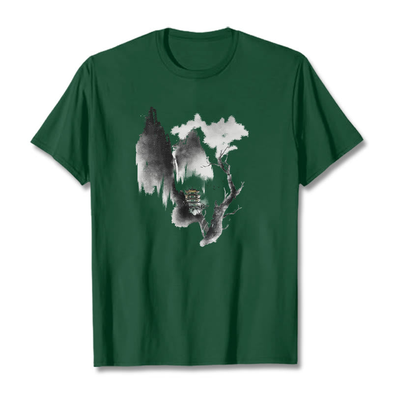 Buddha Stones Pavilion Tree Geese Around The Mountains Pattern Tee T-shirt - ForestGreen - 2XL - image 12