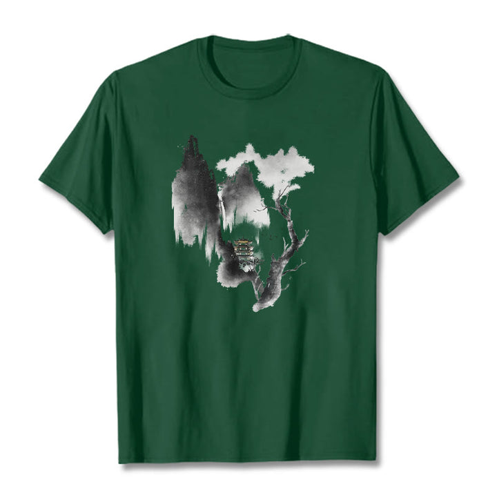 Buddha Stones Pavilion Tree Geese Around The Mountains Pattern Tee T-shirt - ForestGreen - 2XL - image 12