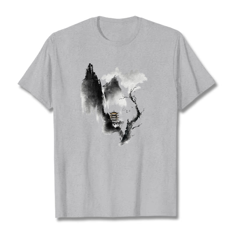 Buddha Stones Pavilion Tree Geese Around The Mountains Pattern Tee T-shirt - LightGrey - 2XL - image 1