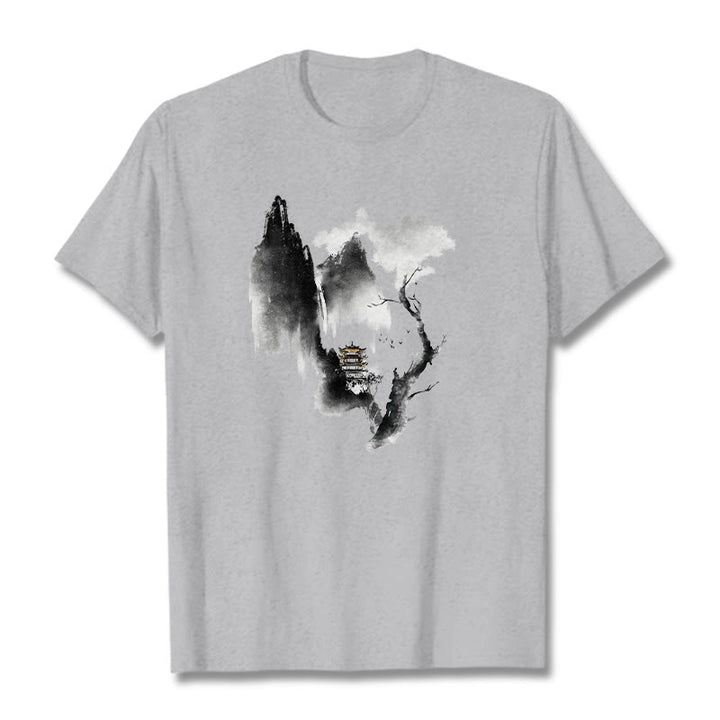 Buddha Stones Pavilion Tree Geese Around The Mountains Pattern Tee T-shirt - LightGrey - 2XL - image 1