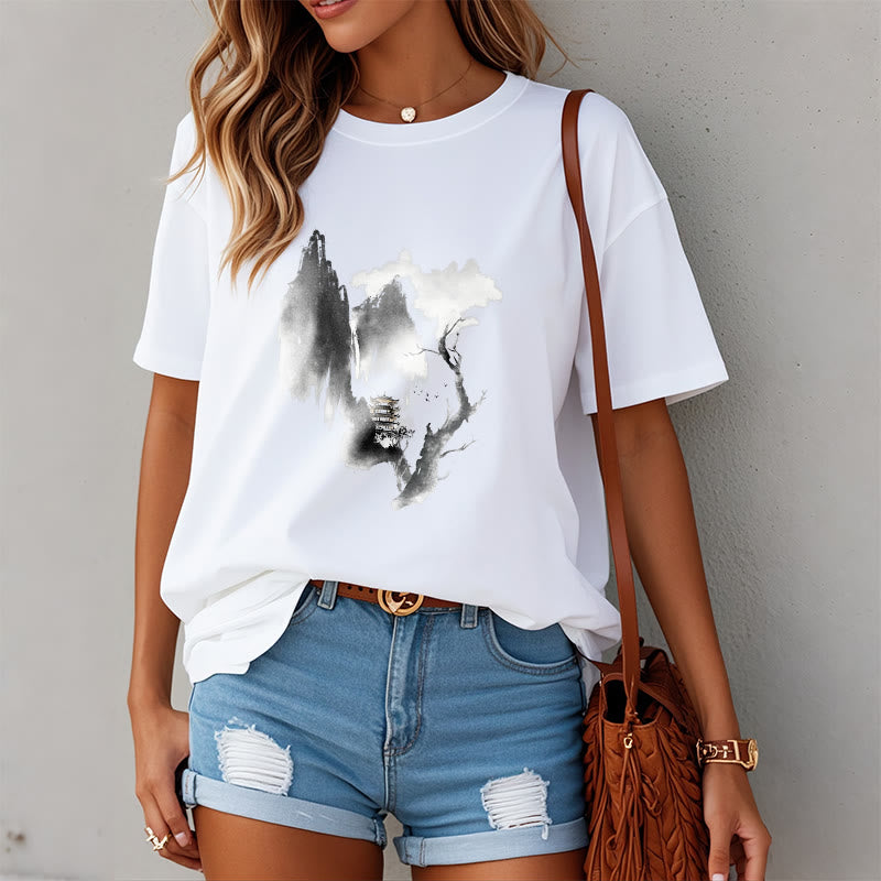 Buddha Stones Pavilion Tree Geese Around The Mountains Pattern Tee T-shirt - image 5
