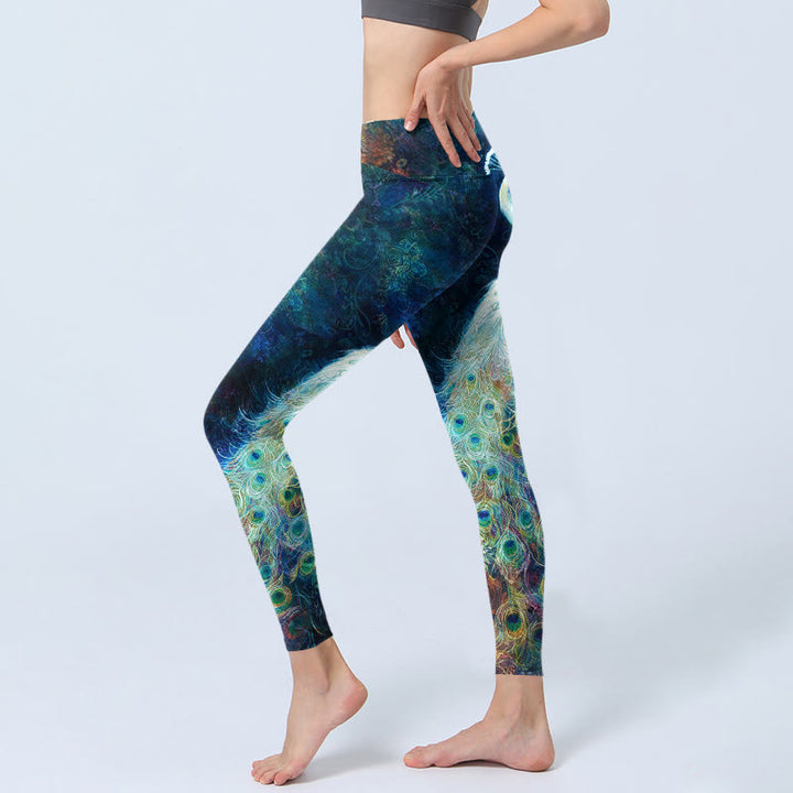 Buddha Stones Blue Peacock Colorful Feathers Print Gym Leggings Women's Yoga Pants