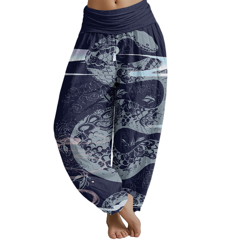 Buddha Stones Auspicious Clouds With Snake Pattern Women's Elastic Waist Harem Pants