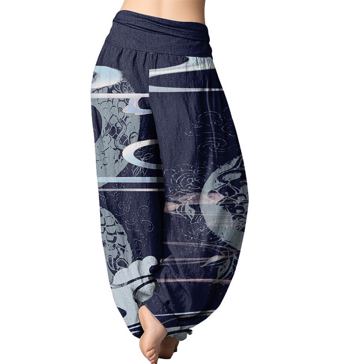 Buddha Stones Auspicious Clouds With Snake Pattern Women's Elastic Waist Harem Pants