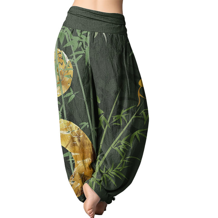 Buddha Stones Snake Surrounding Bamboo Pattern Women's Elastic Waist Harem Pants