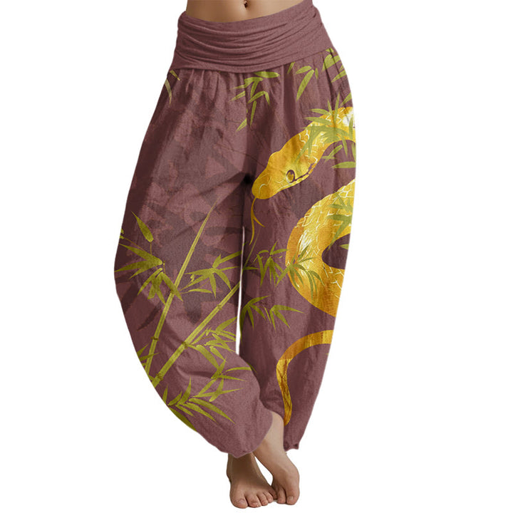 Buddha Stones Snake Surrounding Bamboo Pattern Women's Elastic Waist Harem Pants