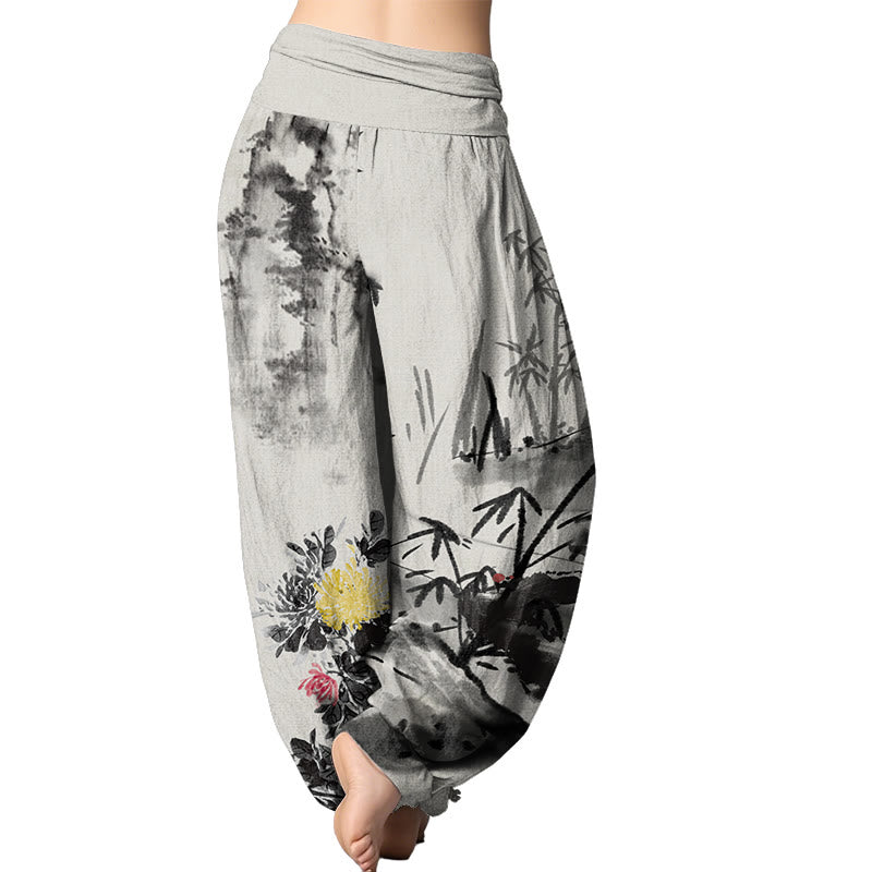 Buddha Stones Plum Blossoms Bamboo Orchids Chrysanthemums Pattern Women's Elastic Waist Harem Pants