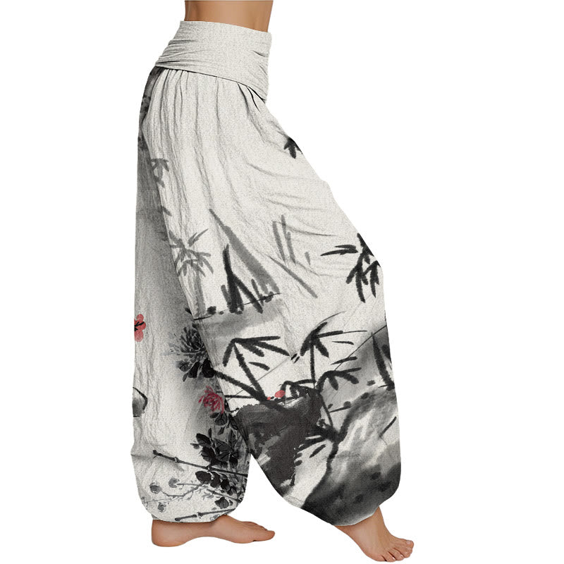 Buddha Stones Plum Blossoms Bamboo Orchids Chrysanthemums Pattern Women's Elastic Waist Harem Pants