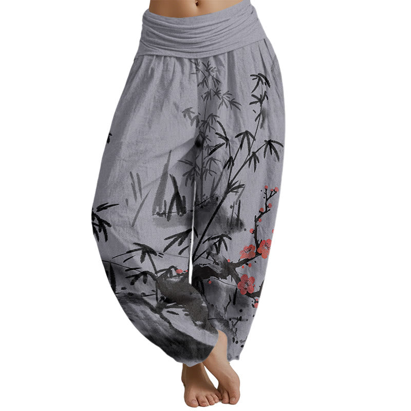 Buddha Stones Plum Blossoms Bamboo Orchids Chrysanthemums Pattern Women's Elastic Waist Harem Pants