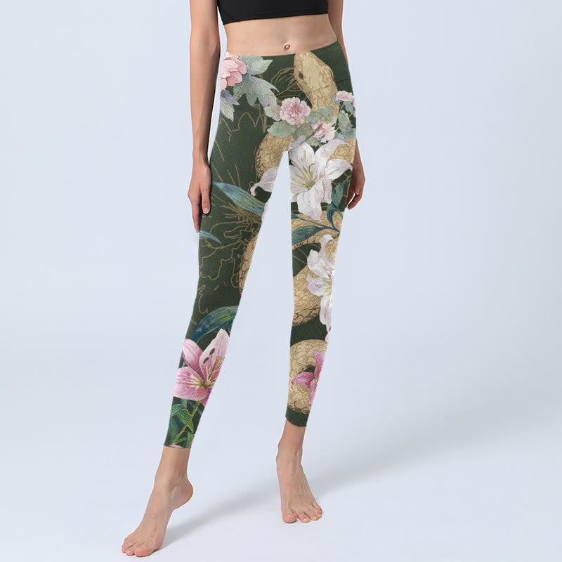 Buddha Stones Green Golden Snake Lily Peony Flowers Print Gym Leggings Women's Yoga Pants