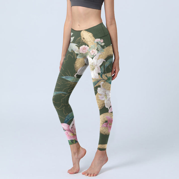 Buddha Stones Green Golden Snake Lily Peony Flowers Print Gym Leggings Women's Yoga Pants