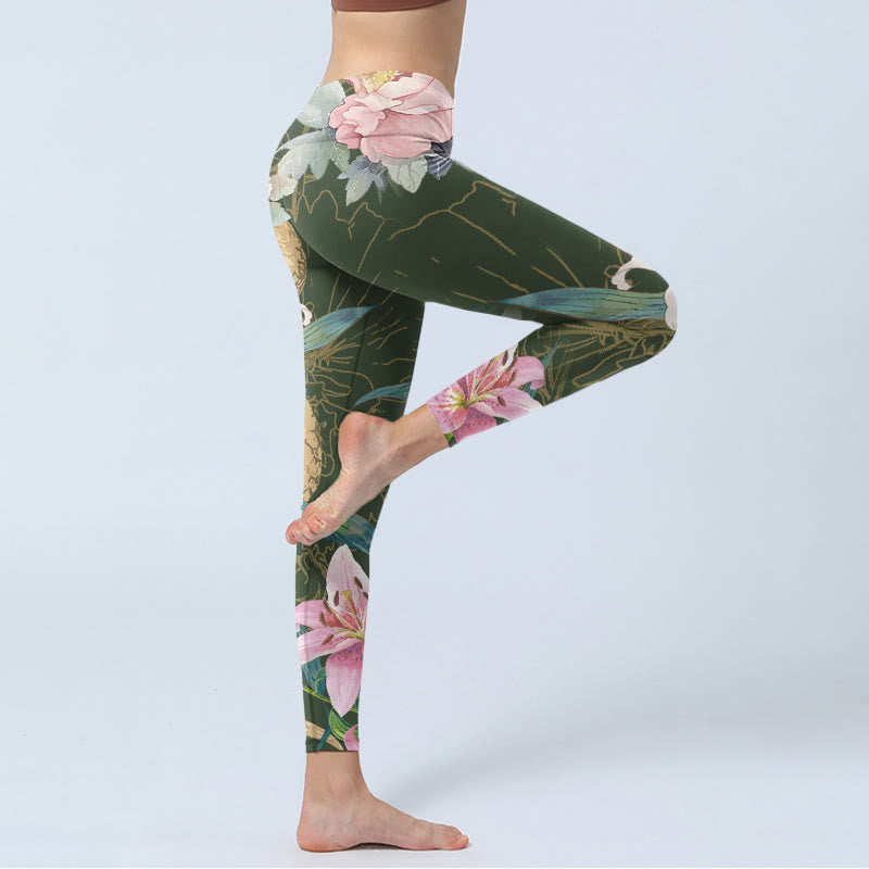 Buddha Stones Green Golden Snake Lily Peony Flowers Print Gym Leggings Women's Yoga Pants