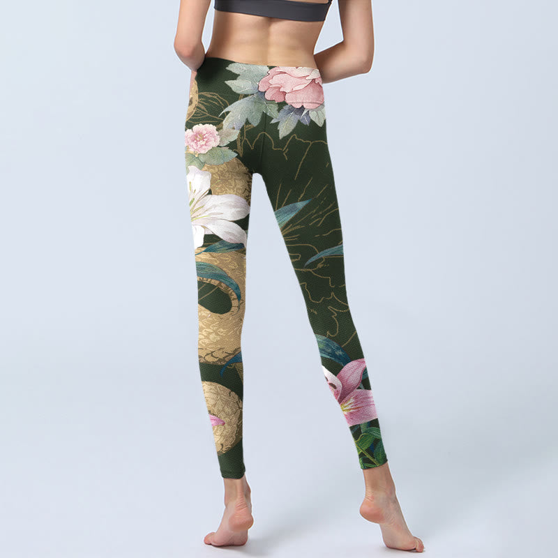 Buddha Stones Green Golden Snake Lily Peony Flowers Print Gym Leggings Women's Yoga Pants