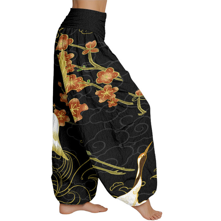 Buddha Stones Cranes Flowers Auspicious Clouds pattern Women's Elastic Waist Harem Pants