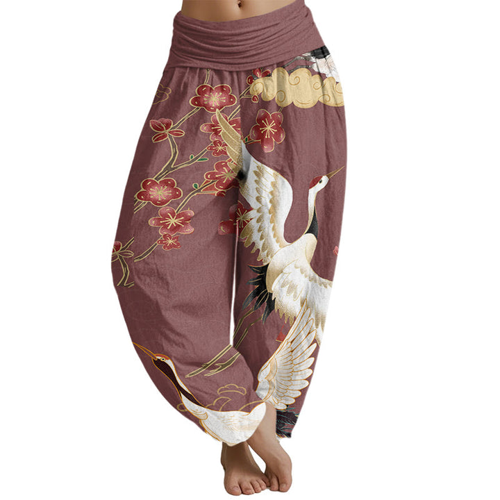 Buddha Stones Cranes Flowers Auspicious Clouds pattern Women's Elastic Waist Harem Pants