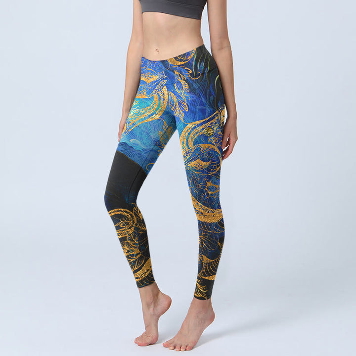 Buddha Stones Black Snake Butterfly Flower Leaves Print Gym Leggings Women's Yoga Pants