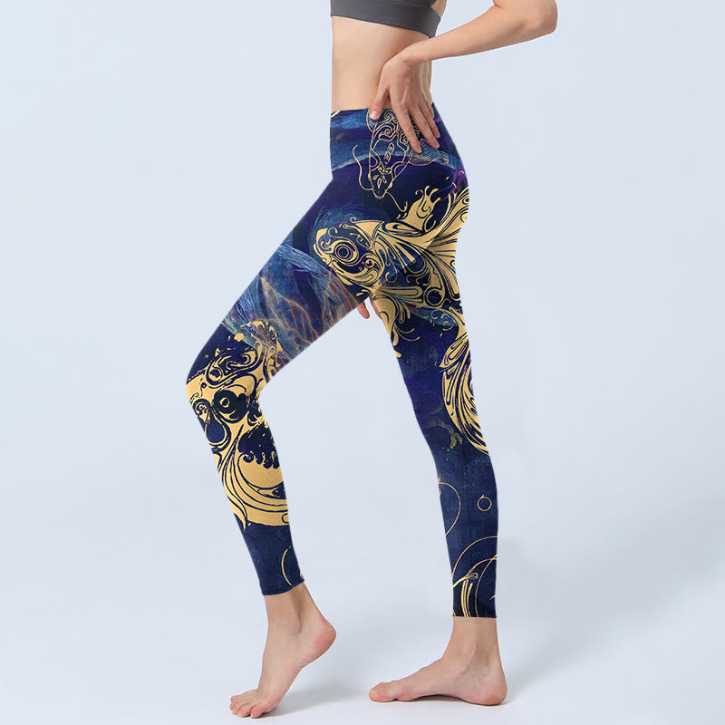 Buddha Stones Blue Koi Fish Auspicious Clouds Print Gym Leggings Women's Yoga Pants