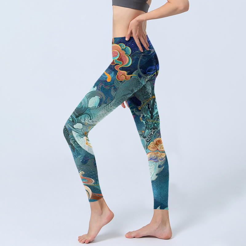 Buddha Stones Blue Dragon Auspicious Clouds Print Gym Leggings Women's Yoga Pants