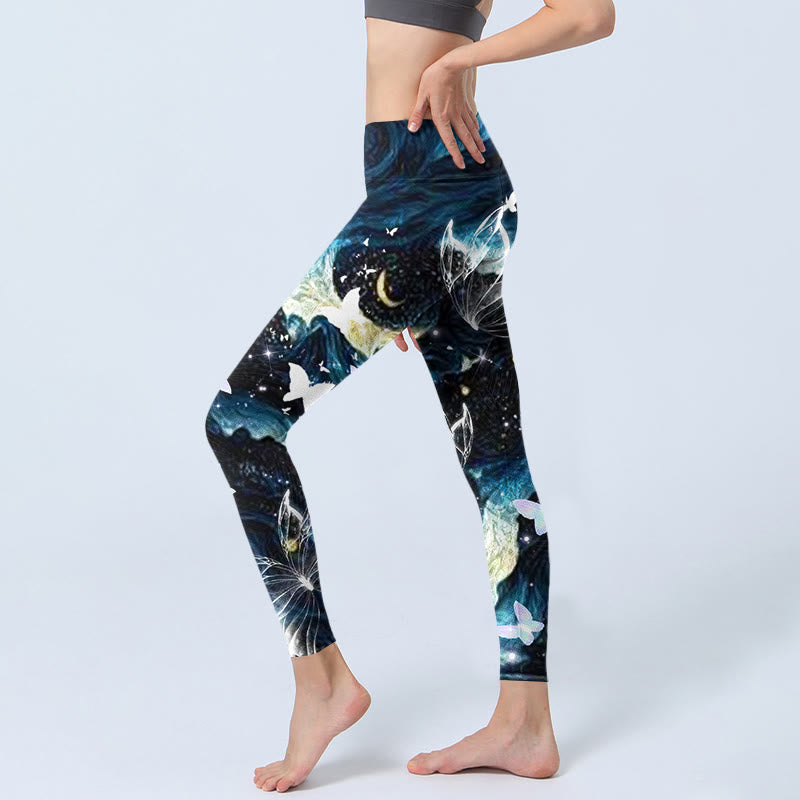 Buddha Stones Blue Butterfly Water Waves Moon Print Gym Leggings Women's Yoga Pants