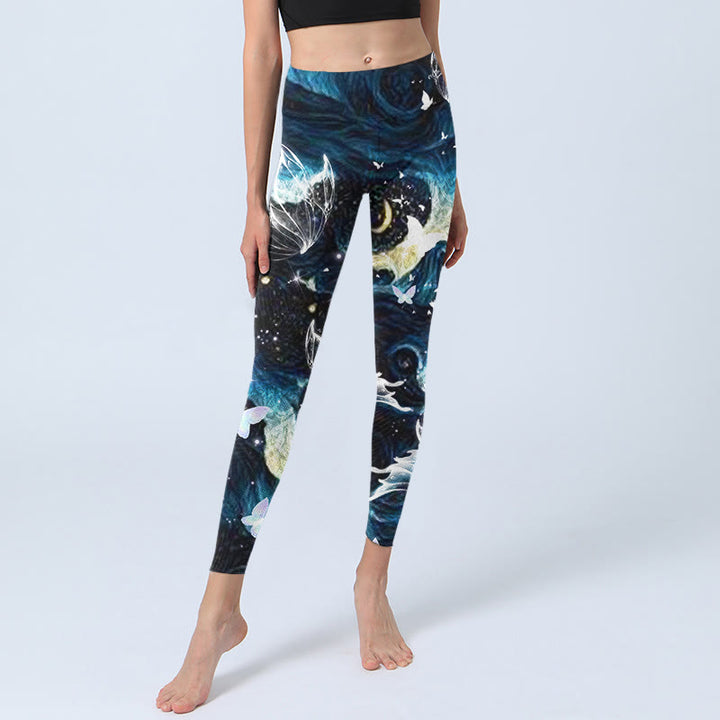 Buddha Stones Blue Butterfly Water Waves Moon Print Gym Leggings Women's Yoga Pants