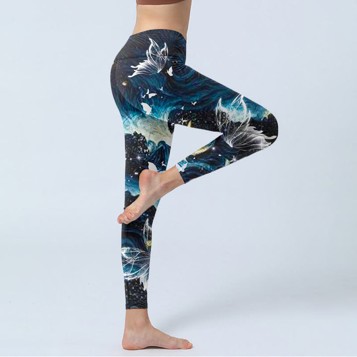 Buddha Stones Blue Butterfly Water Waves Moon Print Gym Leggings Women's Yoga Pants - image 4