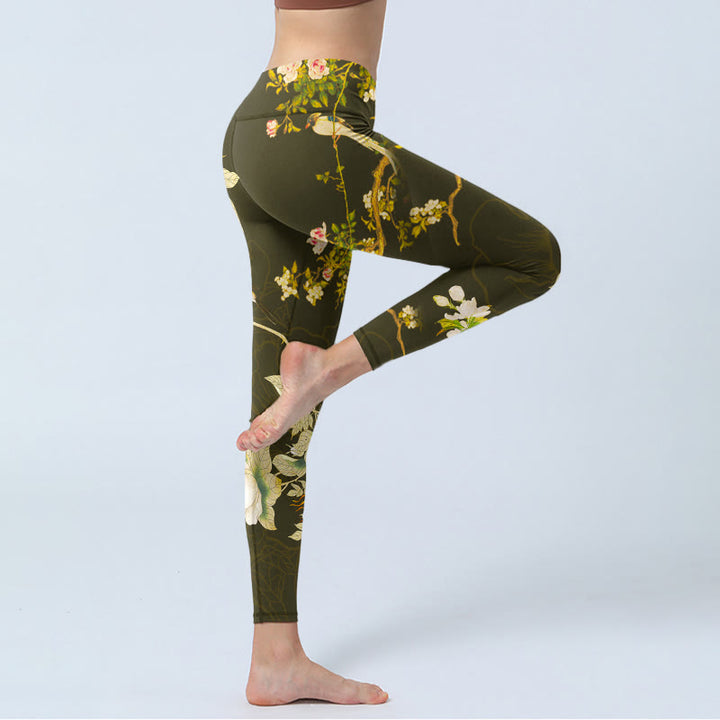 Buddha Stones Black Magnolia Flowers Print Gym Leggings Women's Yoga Pants