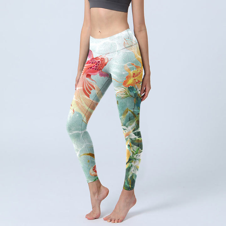 Buddha Stones Green Koi Fish White Lotus Water Ripples Print Gym Leggings Women's Yoga Pants