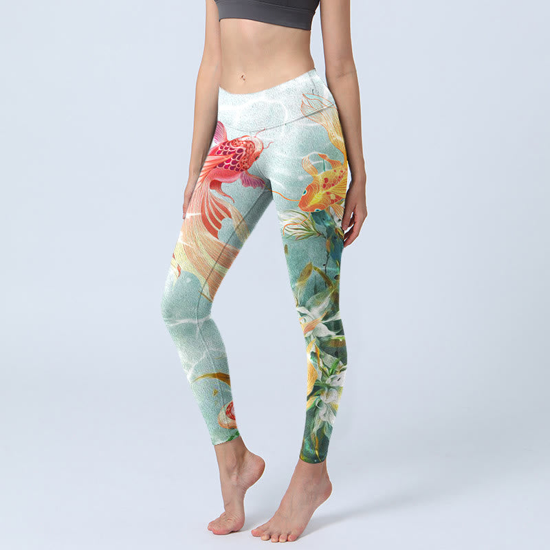 Buddha Stones Green Koi Fish White Lotus Water Ripples Print Gym Leggings Women's Yoga Pants - Honeydew - US18，UK/AU22，EU50 (4XL) - image 1