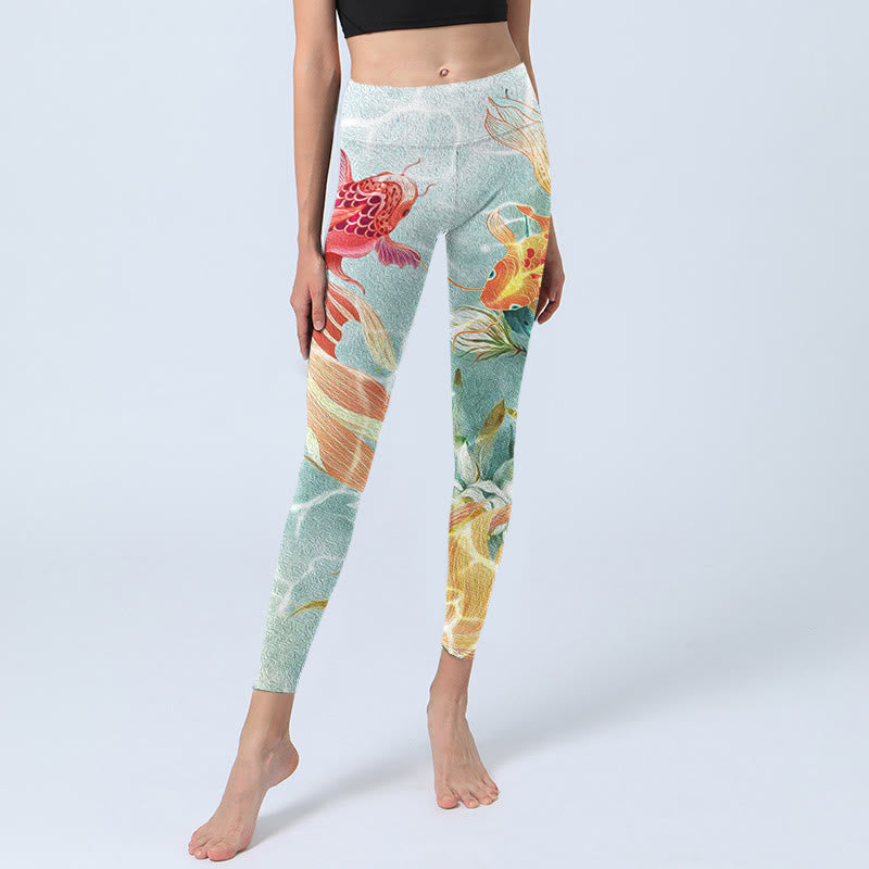 Buddha Stones Green Koi Fish White Lotus Water Ripples Print Gym Leggings Women's Yoga Pants - image 5