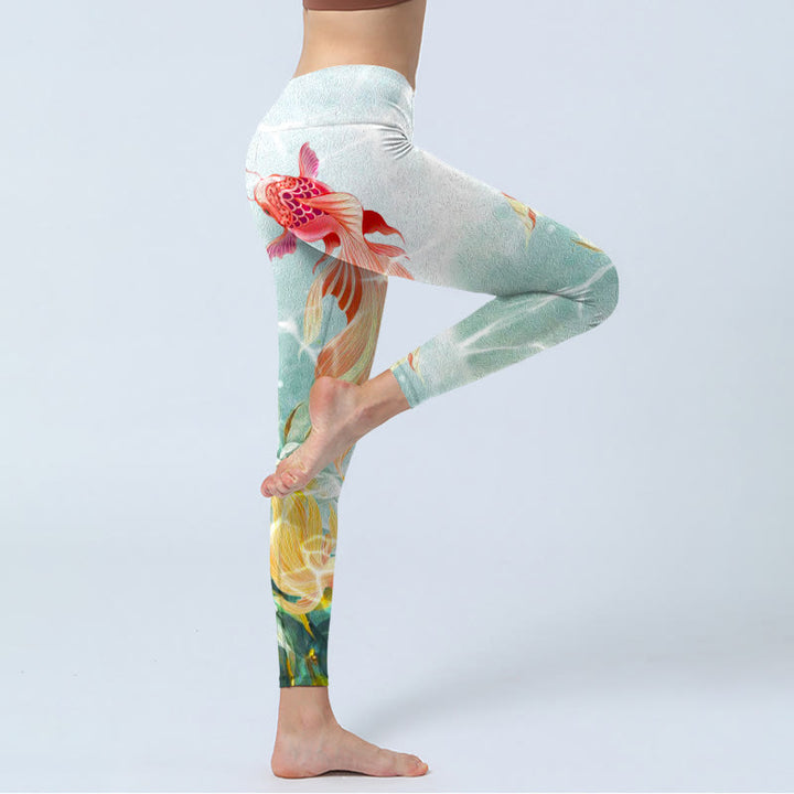 Buddha Stones Green Koi Fish White Lotus Water Ripples Print Gym Leggings Women's Yoga Pants