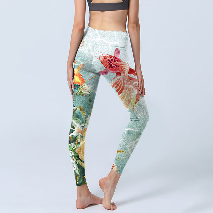 Buddha Stones Green Koi Fish White Lotus Water Ripples Print Gym Leggings Women's Yoga Pants - image 4