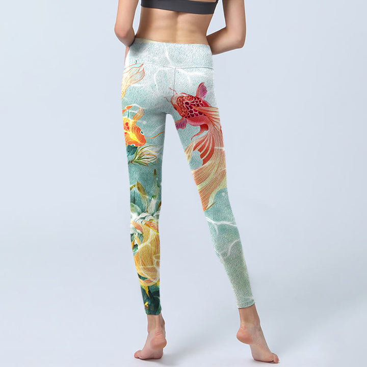 Buddha Stones Green Koi Fish White Lotus Water Ripples Print Gym Leggings Women's Yoga Pants - image 7