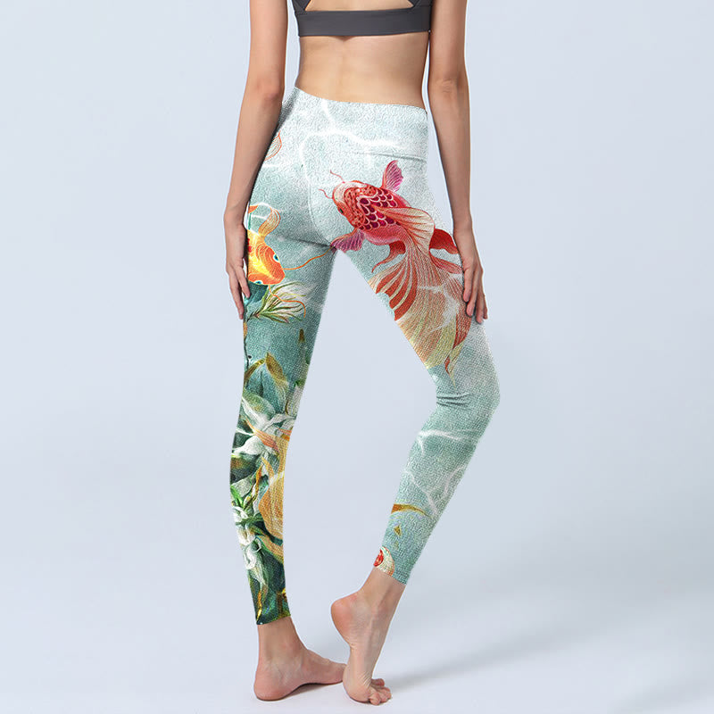 Buddha Stones Green Koi Fish White Lotus Water Ripples Print Gym Leggings Women's Yoga Pants