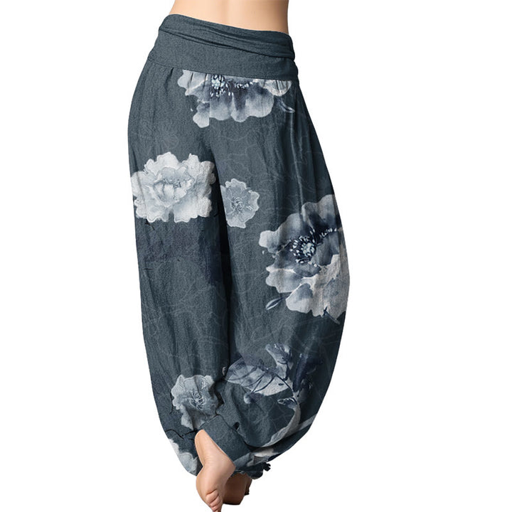 Buddha Stones Folwers With Leaves Pattern Women's Elastic Waist Harem Pants