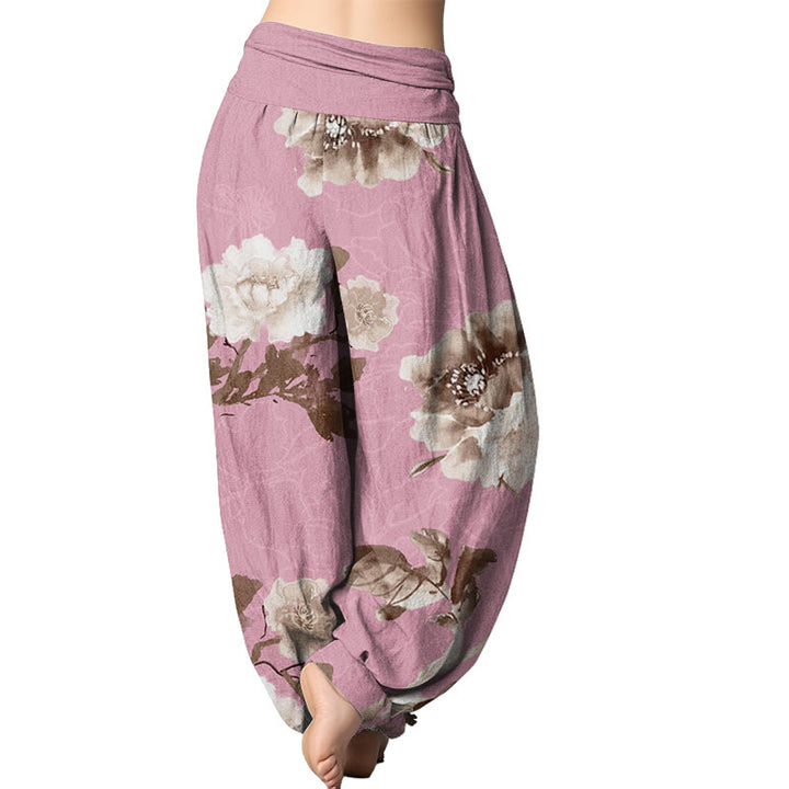 Buddha Stones Folwers With Leaves Pattern Women's Elastic Waist Harem Pants