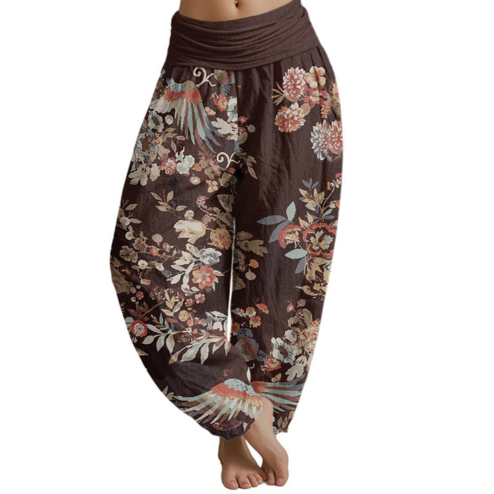 Buddha Stones Colorful Flowers Birds Leaves Pattern Women's Elastic Waist Harem Pants