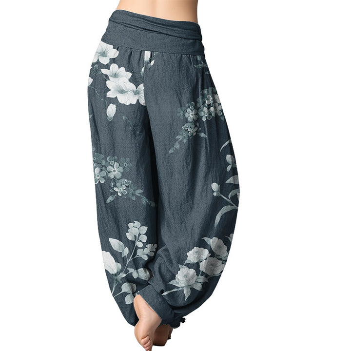 Buddha Stones Blooming And Budding Flowers With Leaves Pattern Women's Elastic Waist Harem Pants