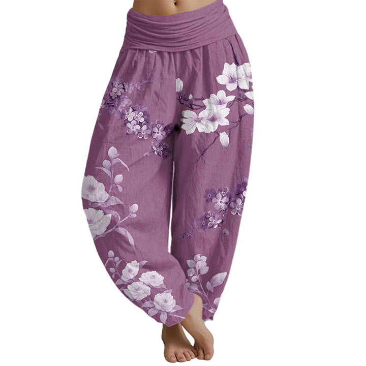 Buddha Stones Blooming And Budding Flowers With Leaves Pattern Women's Elastic Waist Harem Pants