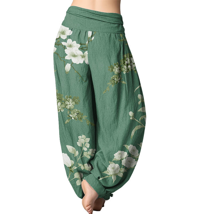 Buddha Stones Blooming And Budding Flowers With Leaves Pattern Women's Elastic Waist Harem Pants